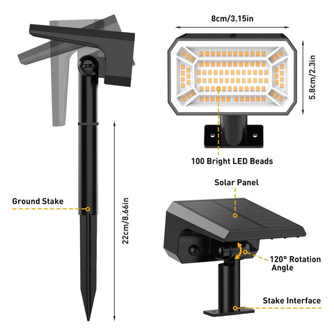 Outdoor Solar Lights Waterproof Super Bright Cool White 6500K LED with solar panel and 100 LED beads for garden use.