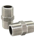 Stainless Steel Hex Nipple Three Eighths Inch NPT Male To Male Pipe Fittings, 2 Pack, Tapered Thread Connector, front view