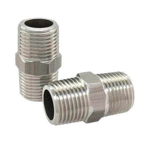 Stainless Steel Hex Nipple Three Eighths Inch NPT Male To Male Pipe Fittings, 2 Pack, Tapered Thread Connector, front view