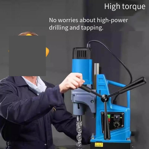 Beefy Magnetic Drill Press With Variable Speed, Portable Core Drilling Machine for Steel Plates and Hollow Sections, 1580W, Industrial and Home Use, Handheld, Built Tough for Pros and DIYers, showing high torque operation with drill bit.