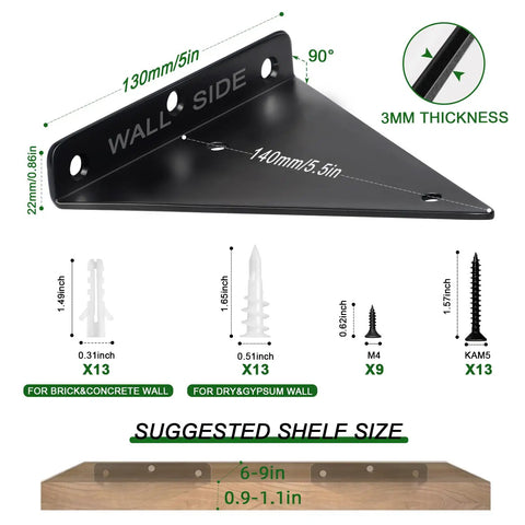 Six Inch Triangle Shelf Brackets Set Of 4 Black Heavy Duty Hidden Floating Shelf Supports with installation hardware.