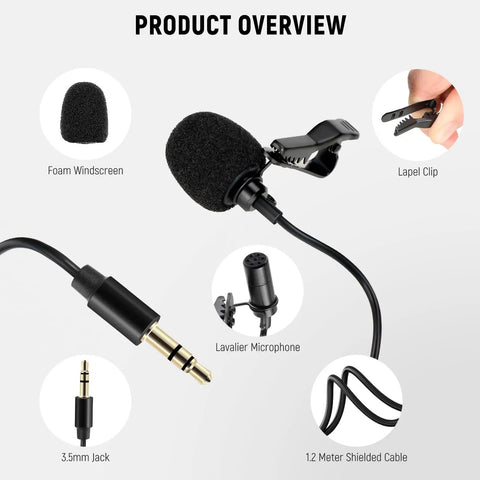 Lavalier Clip On Mic Omnidirectional Condenser Wired Lav Mic 2 Pack with 3.5mm jack, foam windscreen, lapel clip, 1.2m cable overview.