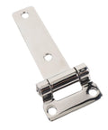 Close-up of a T-shaped door hinge; 304 stainless steel, mounting plate, chrome finish