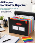 13 Pocket Accordion File Organizer with cover labels, black expanding folder on a desk, holding labeled documents and office supplies.