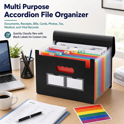 13 Pocket Accordion File Organizer with cover labels, black expanding folder on a desk, holding labeled documents and office supplies.