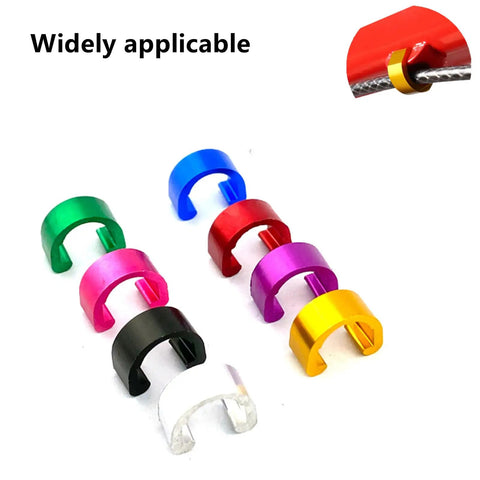 Colorful 12 Pack Aluminum Alloy Bicycle Cable Clamps And C Clips arrangement showcasing various colors and housing fitting example.