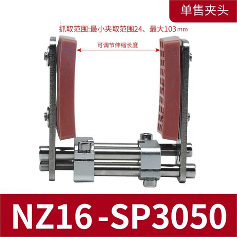 Front view of Telescopic Mechanical Arm Clamp With Pneumatic Finger MHZ16D Parallel Gripper Adjustable Size Arc Shaped Clamping for Industrial Heavy Duty Automation and Robotic Handling NZ16 SP3050.