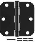 Matte Black 18 Pack Interior Door Hinges 3.5 Inch 5/8 Radius Round No Squeak Ball Bearing with screws, front view.