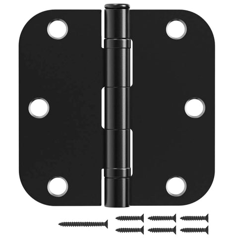 Matte Black 18 Pack Interior Door Hinges 3.5 Inch 5/8 Radius Round No Squeak Ball Bearing with screws shown.