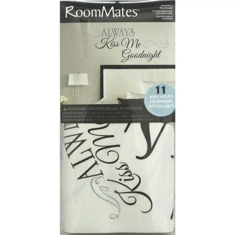 Always Kiss Me Goodnight Black Quote Peel And Stick Wall Decal Vinyl packaging with bed and lamp illustration