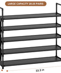 Five Tier Shoe Organizer Rack For Closet, Entryway Or Garage, Space Saving Shoe Holder Stand With Large 20 To 25 Pair Capacity, Easy Access Tiers, Durable Black Storage Tower, dimensions 33.3W x 11.2D x 35.6H