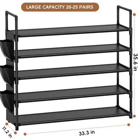 Five Tier Shoe Organizer Rack For Closet, Entryway Or Garage, Space Saving Shoe Holder Stand With Large 20 To 25 Pair Capacity, Easy Access Tiers, Durable Black Storage Tower, dimensions 33.3W x 11.2D x 35.6H