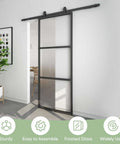 Frosted Glass Sliding Barn Door With Black Carbon Steel Frame 36In By 96In Soft Close Mechanism installed in living room