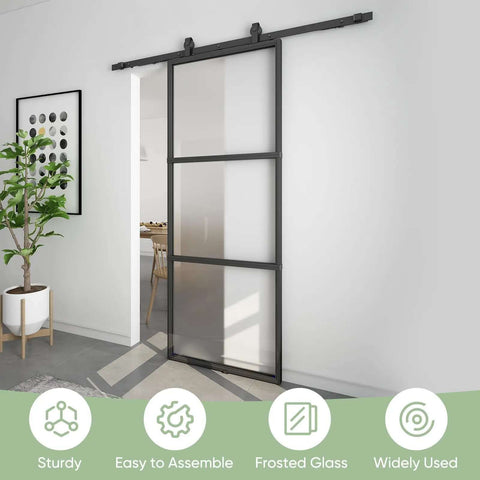 Frosted Glass Sliding Barn Door With Black Carbon Steel Frame 36In By 96In Soft Close Mechanism installed in living room