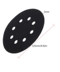 Pro Grade 5 Inch 8 Hole Hook And Loop Soft Sponge Buffer Pad, black with measurements, ideal for sanding and polishing surfaces