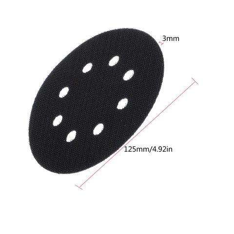 Pro Grade 5 Inch 8 Hole Hook And Loop Soft Sponge Buffer Pad, black with measurements, ideal for sanding and polishing surfaces