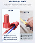 Red wire nut from 50 Pcs Colorful Wire Nuts And Wire Caps Assortment Kit For 10-22 AWG with blue and red wires inserted