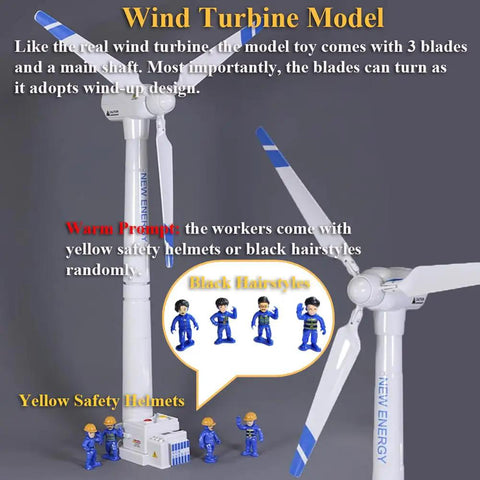 Wind Turbine Model Toy Kit With Wind Up Blades 21.65 Inch Tall Tower Realistic 3 Blade Generator Windmill for STEM Learning Hands On Science Experiment Demonstrating Wind Power Without Batteries; toy workers included.