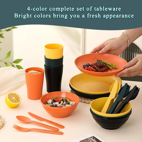 Camping Mess Kit For Four With Plates Bowls Cups Utensils And Carry Bag Food Grade Plastic Outdoor Dinnerware Gear For Travel Picnics And Campouts On The Go displayed with colorful dining pieces.