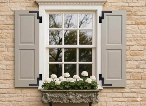 Window with shutters featuring Blind Shutter Hinge for Wood Frame and Brick, steel construction, 2-1/8 inch offset, matte black finish.