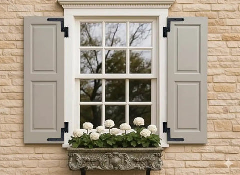 Heavy Duty Steel Blind Shutter Hinges For Wood Frames And Brick Walls Tough As Nails One Inch Offset Power Coated Black Finish Easy Install on window.