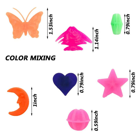 Various shapes in Colorful Bike Spoke Beads Kit For Kids, including butterfly, moon, heart, and star, with dimensions shown.