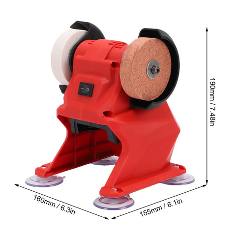 Heavy Duty Mini Bench Grinder With 3mm Steel Guard For Robust Grinding And Polishing, red, dual corundum wheels, compact size.