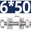 Heavy Duty 304 Stainless Steel M6 Threaded Rods 5 Pack Hardware Kit With Nuts And Square Washers, Fully Threaded Stud Bolts M6x50