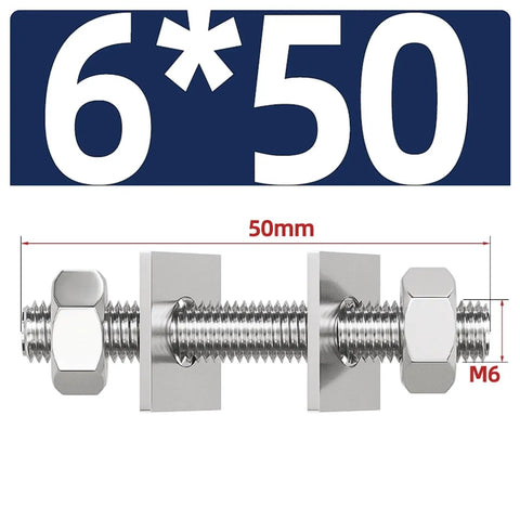 Heavy Duty 304 Stainless Steel M6 Threaded Rods 5 Pack Hardware Kit With Nuts And Square Washers, Fully Threaded Stud Bolts M6x50