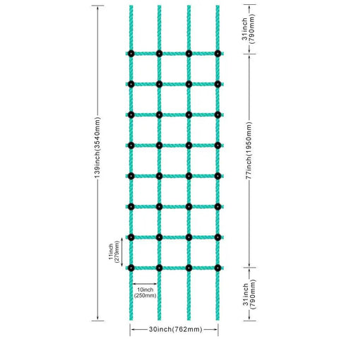 Outdoor Climbing Cargo Net For Kids With No Knot Nylon Rope 139 Inch Long By 30 Inch Wide Usable Length 108 Inches dimensions diagram