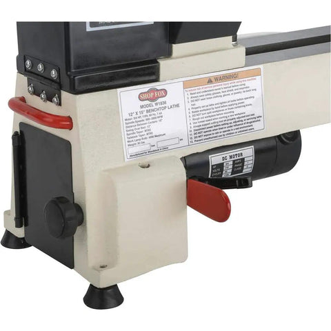 Detail of the Dead Reliable Bench Top Wood Lathe with 12 Inch Swing and 15 Inch Turning Space, showcasing motor and controls.