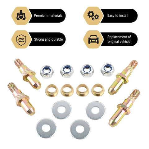 4 Piece Door Hinge Pin And Bushing Repair Kit For Chevrolet Full Size GMC Vehicles components, nuts, washers, pins, bushings in gold finish
