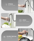 High Arc Kitchen Faucet With Pull Down Sprayer And Soap Dispenser, showing different spray modes, stainless steel brushed nickel finish
