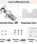 50 Pack Soft Close Hidden Cabinet Hinges For One Half Inch Overlay with repair plates, bumpers, screws, and installation guide.