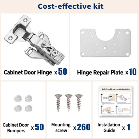 50 Pack Soft Close Hidden Cabinet Hinges For One Half Inch Overlay with repair plates, bumpers, screws, and installation guide.