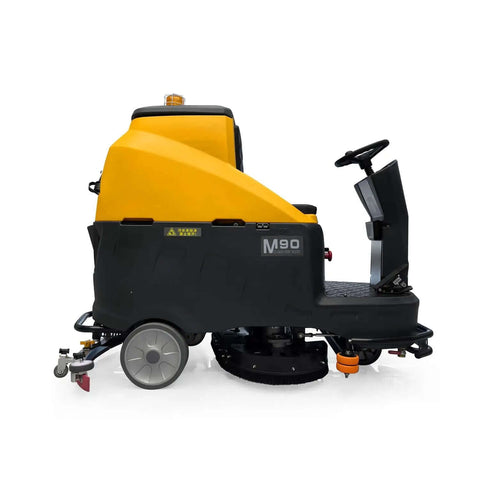 Side view of a Beast Ride On Floor Scrubber For Large Spaces With A 45 Inch Cleaning Path Delivers About 70 000 Sq Ft Per Hour Dual Disc Brush 53 Gallon Water Tank Heavy Duty Floor Cleaning Machine For Warehouses Malls And Industrial Use