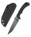 Fixed Blade Knife With D2 Steel Blade, Textured G10 Handle, And Kydex Sheath For Safe Carry displayed on white background
