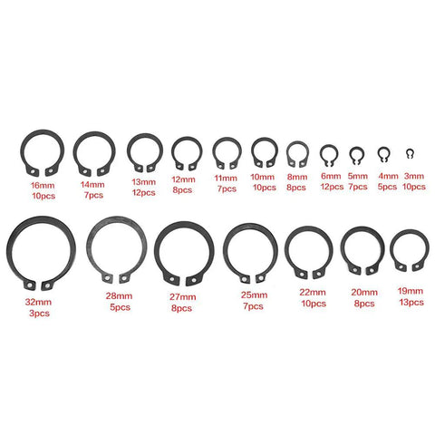 Retaining Ring Circlip Kit With 18 Sizes And 150 Pieces Boxed Set for easy secure snap installations and long lasting metal wear resistant performance.
