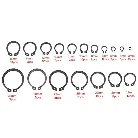 Heavy Duty 150 Pcs Black C Clip Retaining Ring Set 3mm to 32mm Internal and External, 18 Sizes with labeled quantity for each size
