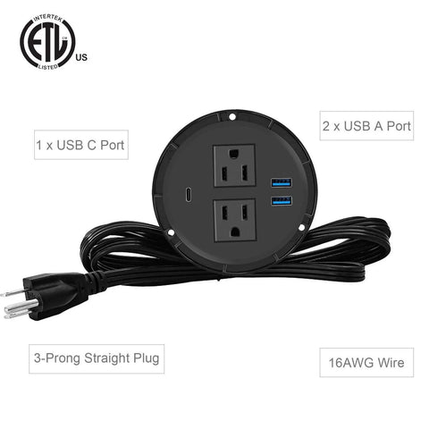 Desk Power Grommet With PD 20W USB C Hub Recessed Outlet Strip With USB Port 2 AC Outlets And 3 USB Chargers 6.56 Ft Extension Cord