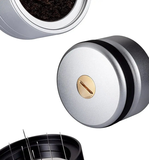 Premium Coffee Leveler And Tamper For 58 Mm Portafilter Heavy Duty Stainless Steel Ground Distributor showing precision tool and sharp needles.