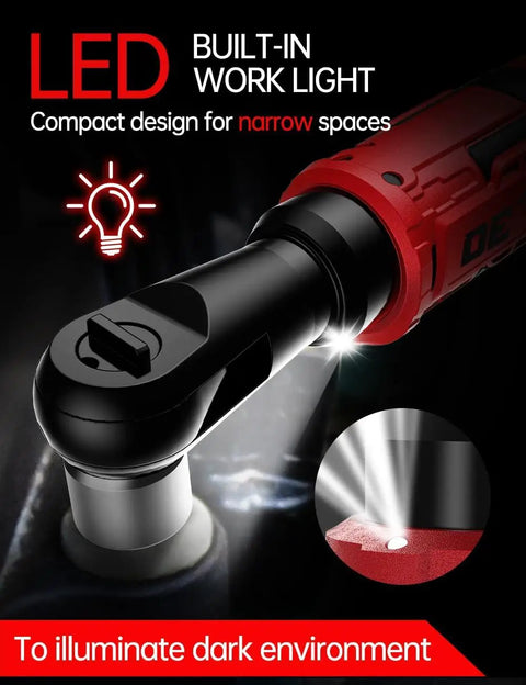 3/8 Inch Cordless Ratchet Wrench Workhorse With 88 Foot Pounds Torque, LED work light, close-up view highlighting features