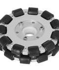 Double aluminum omni wheel, 127mm diameter, with black rollers around a silver hub.