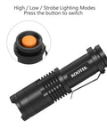 Close-up of Ultra Bright Mini LED Flashlight Pen Style with orange button, showing pocket clip and lighting mode options.