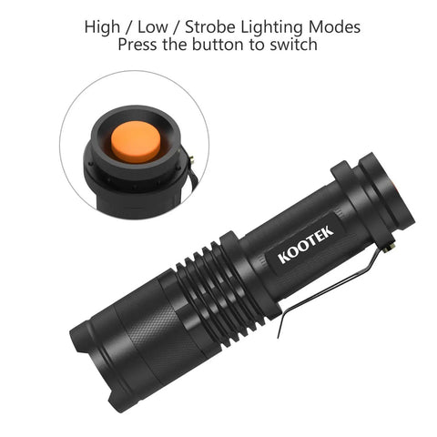 Close-up of Ultra Bright Mini LED Flashlight Pen Style with orange button, showing pocket clip and lighting mode options.
