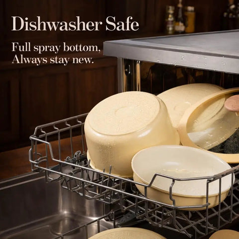 Detachable Handle Ceramic Cookware Set, 18-Piece Nonstick Pots and Pans for RV and Camping in dishwasher, durable yellow.