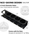 Heavy Duty Wall Mounted Pneumatic Tool Rack And Spray Can Organizer Combo featuring five 3-inch diameter holes for aerosols.
