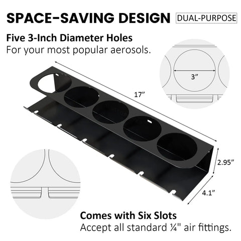 Heavy Duty Wall Mounted Pneumatic Tool Rack And Spray Can Organizer Combo featuring five 3-inch diameter holes for aerosols.