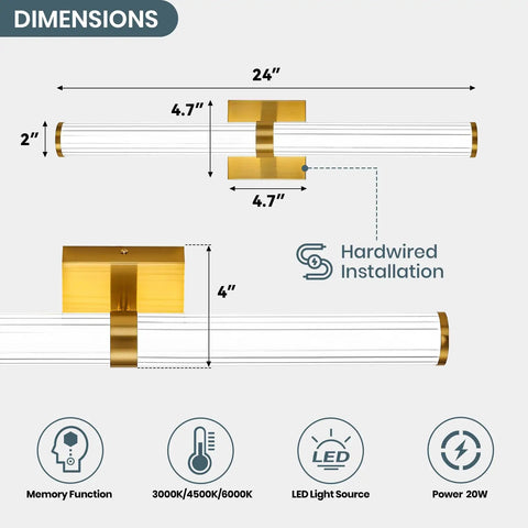 Dimensions and features of Gold Modern LED Chandelier Flush Mount With 4 Light Hanging Pendant Lighting Dining Room Kitchen Island Staircase Bedroom Living Room Easy Install 4000K Warm White Illumination Wow Worthy Centerpiece, showing size 24x4 inches, hardwired installation indicator, and icons.