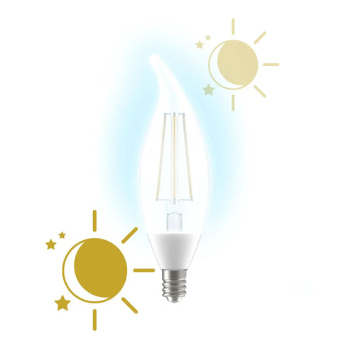 Smart Dusk To Dawn Outdoor LED Bulbs With Auto On Off For Porch Or Yard Daylight Color E12 Candelabra Base lit up with sun and moon icons